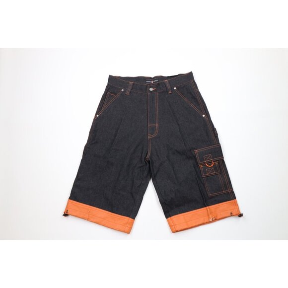 Deadstock Vtg 90s Streetwear Mens 32 Baggy Fit Dungaree Denim Jean Shorts Black